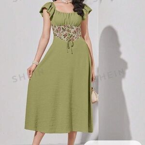 NWT SHEIN Mulvari Floral Print Ruffle Trim Lace Up Front Dress